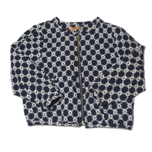 ELLEN Tracy Womens Blazer Navy White Patterned Collarless Zip Up Jacket Career S